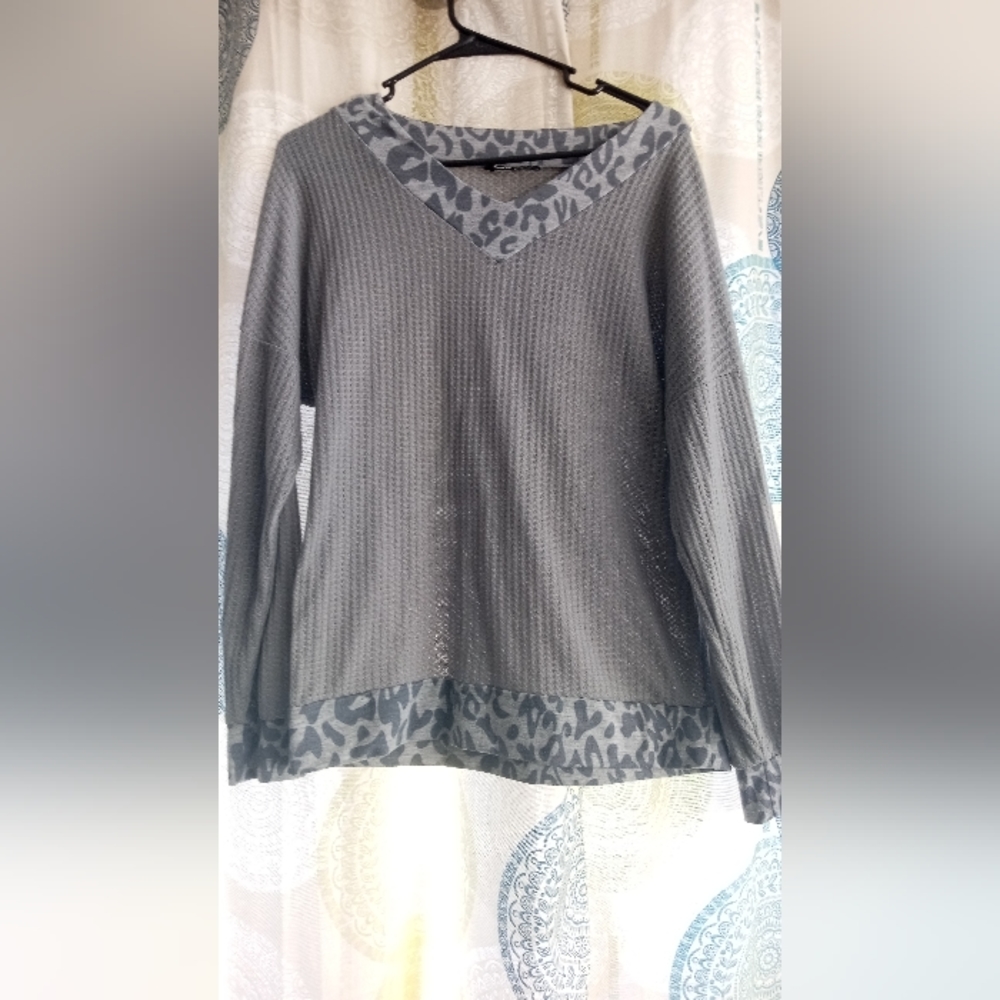 Shein grey waffle knit with cheetah print trim